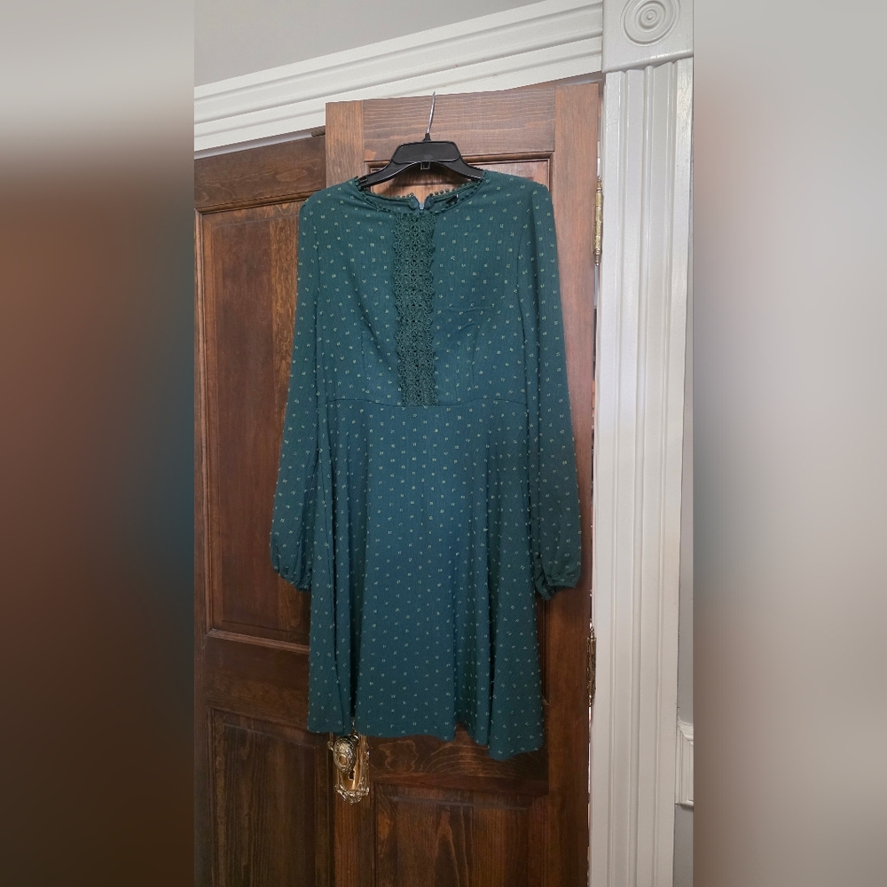❣️3/$25  Teal Green Long-Sleeve Midi Dress with Lace Placket
